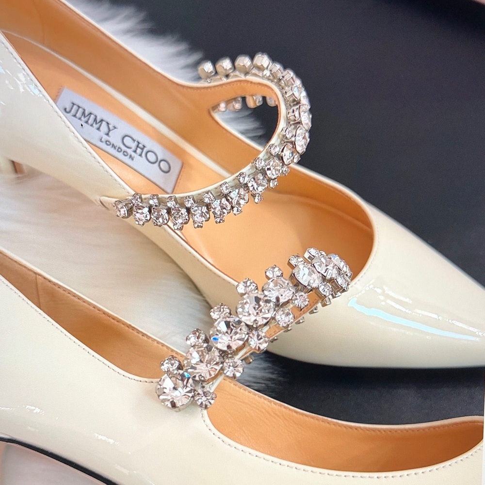 Jimmy Choo Off-White Bing Pumps 85 Heels with Crystal Strap - Picture 5 of 9